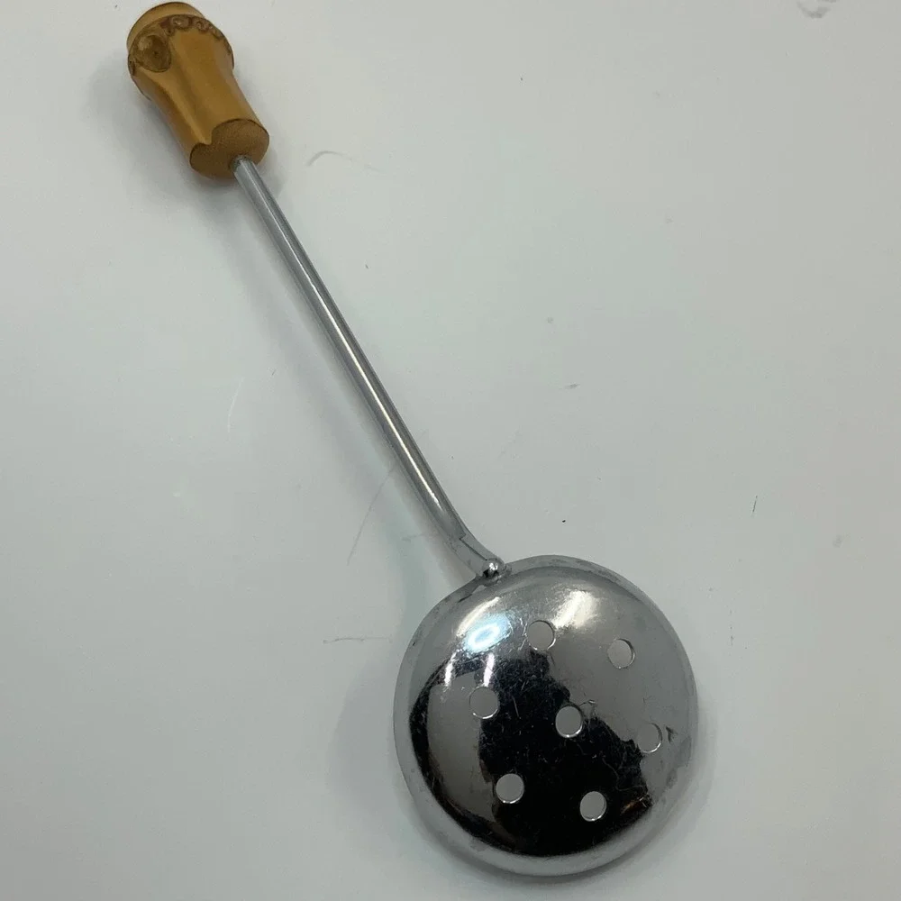 Vintage Bamboo Handle Perforated Olive Spoon Chrome 8.5in‎